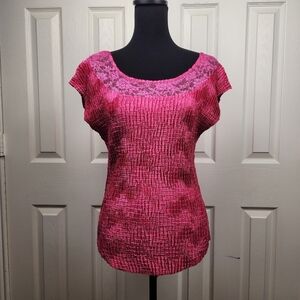 E. R. Designs Womens Scrunchie Lace Pink Short Sleeve Blouse Size Medium